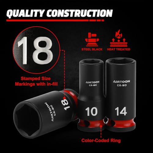 3/8 in. Drive Semi-Deep Impact Sockets Set, Mid-Length Socket Set, Metric, 8 to 22 mm, 14-Piece, CR-MO, Stamped and Ink Filled Size Marking 3/8" Drive 14pcs Mid-Length Socket Set