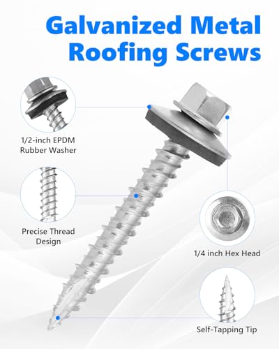 500Pack Metal Roofing Screws #10 × 1-1/2 Inch with Hex Socket #10 × 1-1/2 Inch Silver 500