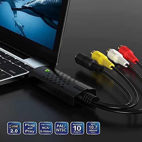 Capture Card, USB Video Capture Card Device, Audio Video Converter Grabber for RCA to USB-Convert VHS Mini DV VCR Hi8 DVD to Digital, for PC TV Tape Player Camcorder, MAC Windows Vista Compatible RCA-Video