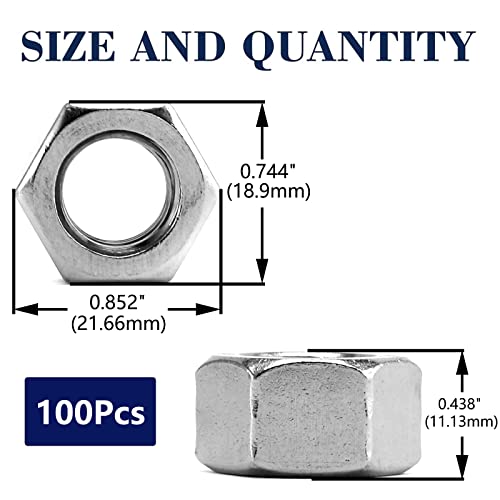 1/2-13 Hex Nuts 100Pcs 304 Stainless Steel 18-8, Full Thread, Hex Drive, Bright Finish by SG TZH 1 1/2-13