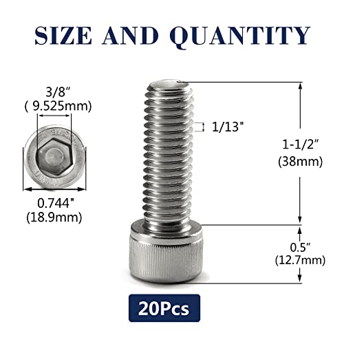 1/2-13 x 1-1/2" Socket Head Cap Screws Bolts, 20Pcs 304 Stainless Steel 18-8, Allen Socket Hex Drive, Full Thread, Bright Finish by SG TZH(with Hex Spanner) 1/2-13 x 1-1/2"
