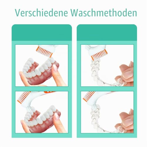 2 Pack Denture Toothbrush, Mini Toothbrush, Double Angle Brush Head, Portable Ergonomic Denture Cleaning Brush, Dental Device (Green + Orange) Green + Orange
