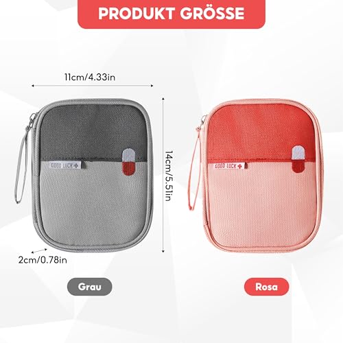 First Aid Bag, Empty, Pack of 2 Mini Travel Pharmacy Bag, Waterproof | For camping, travel, outdoor and car (grey + pink)