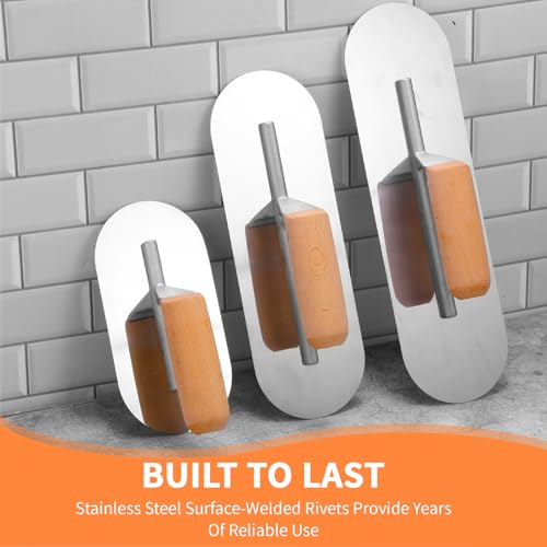 Lasnten 3 Piece Pool Trowel, Stainless Steel Finishing Masonry Trowel Set Includes 14" x 4", 12" x 4", 8" x 3", Lightweight Wooden Handle, for Drywall Concrete Cement Plastering Tool(Round Head) Round Head