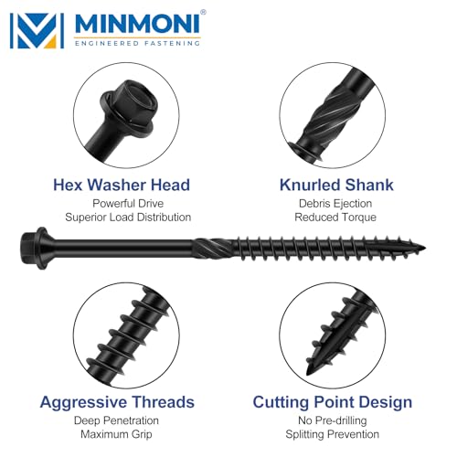 4 inch Hex Exterior Structural Wood Lag Screws (50 Pack), 1/4'' x 4'' Black Outdoor Lag Bolts, Heavy-Duty for Timber, Decks, Fences, Patios, and More, Bit Included - Multiple Size Options Available 4 Inch
