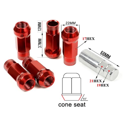 20PCS 1/2"-20 Lug Nuts for Bronco Cherokee Liberty Mustang Ranger Explorer YJ TJ KJ KK ZJ WJ WK XK MJ XJ Aftermarket Wheels, Extended Open End 1.93" Tall 17mm Hex, Cone Seat (Red, 1/2"-20) Red