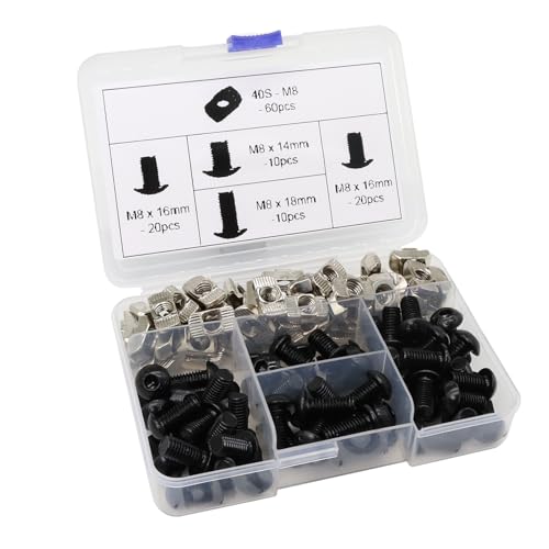 120Pcs 4040 Aluminum Extrusion Hardware Black Kit - M8 T Slot Nuts & Bolts 10Pcs M8x14, 40 M8x16, 10 M8x18, 60Pcs 40 Series M8 Drop-in T Nuts, Compatible with 4040 4080 Extrusion Accessories 40 Series Type Black