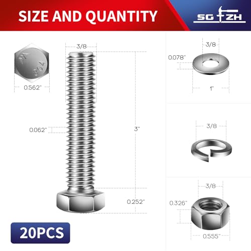 3/8-16 x 3 Hex Head Screw Bolt, Nuts, Flat & Lock Washers, 20Pcs 18-8 (304) Stainless Steel, Fully Threaded, by SG TZH 3/8-16 x 3" Silver 20