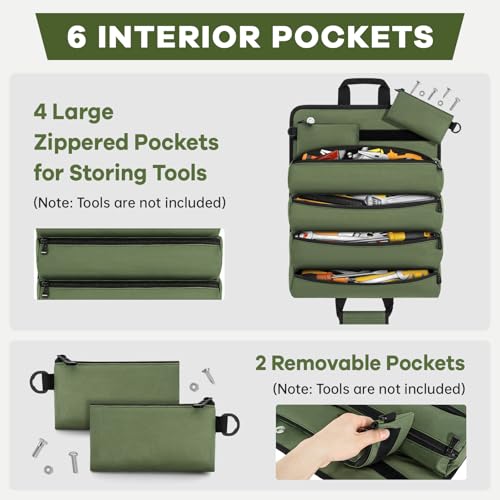 ANILD 15.5 Inch Extra Long Tool Bag Roll Up, Roll Up Tool Bag Organizer Green Large