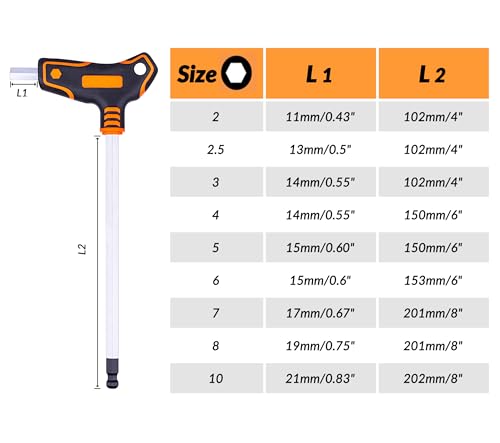 9PCS T-Handle S2 Steel Long Arm Metric Allen Wrench Set, Sizes 2mm to 10mm