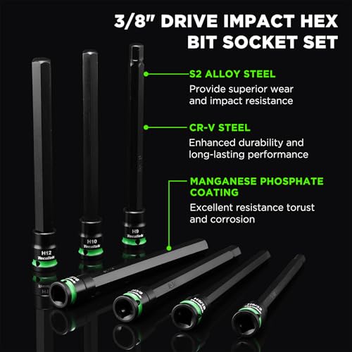 TecoTek 3/8" Drive Long Impact Hex Bit Socket Set, Allen Bit Sockets, 20PCS Allen Wrench Socket, SAE (1/8"-7/16”) and Metric (3MM-12MM), 6" Long CR-V & S2 Alloy Steel Hex Key Set