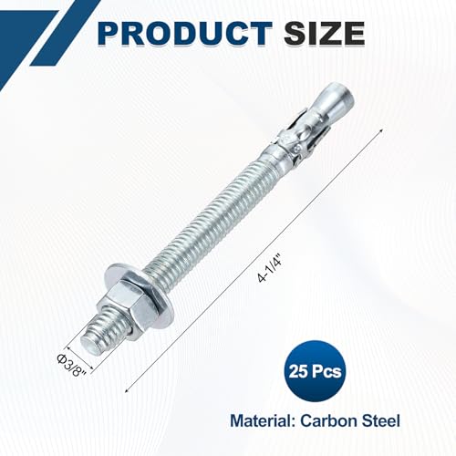 3/8" x4-1/4 Wedge Bolt 25 Pack Carbon Steel Zinc Plated 3/8"x4-1/4"