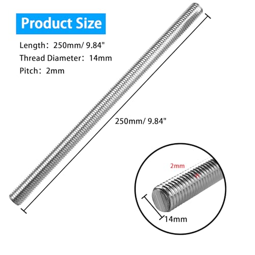 4pcs M14 x 250mm Fully Threaded Rod, M14-2mm Thread Pitch,304 Stainless Steel Long Threaded Screw, Right Hand Threads (M14 x 250mm)
