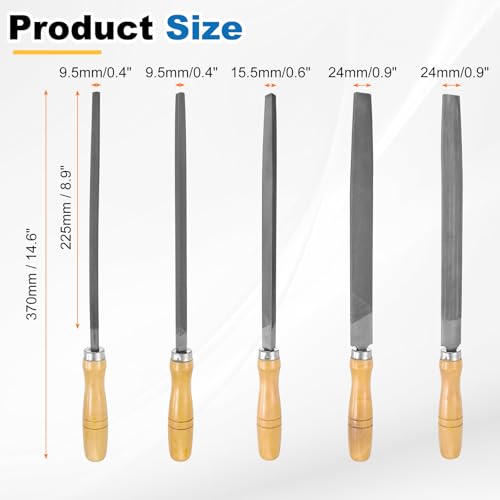 HARFINGTON 5pcs Metal File Set 10" Fine Teeth High Carbon Steel Hand Files with Wooden Handle Square/Flat/Triangle/Half-Round/Round for Metal Wood Stone Grinding Polishing Engraving 10 Inch
