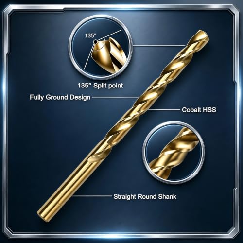 29Pcs Cobalt Drill Bit Set, 135 Degree Tip High Speed Steel with Black and Gold Finish, Stainless Steel, Plastic and Wood with Indexed Round Case 1/16"-1/2" 4341-29Pcs