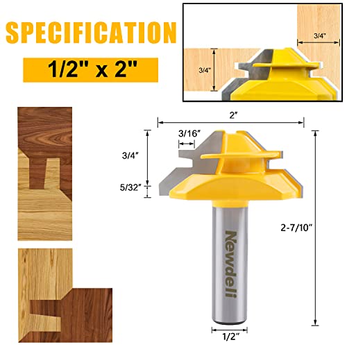 Newdeli 45 Degree Lock Miter & T Shape Tongue and Groove & Finger Joint Router Bit Set - 1/2 Inch Shank Woodworking Milling Cutter Tool
