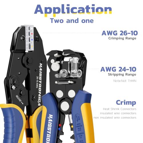 haisstronica Wire Stripper and Crimper Set, AWG 26-10 for Heat Shrink HS-8327