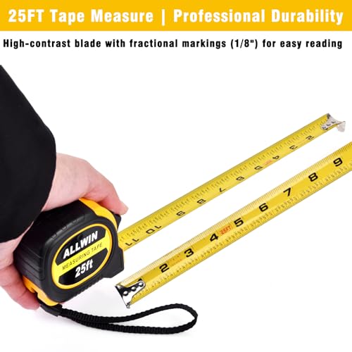 5 Pack Tape Measure 25 ft, Easy Read Measuring Tape with Fractions 1/8, Retractable 25-Foot by 1-Inch Blade with Durable Coating & Impact-Resistant Case for Contractors & DIY