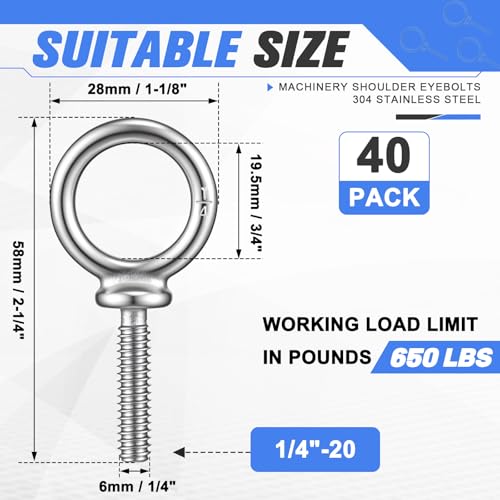 Hicarer 40 Pack Lifting Ring Shoulder Eye Bolt Machinery, 1/4"-20 x 1 UNC 1/4"-20 x 1" Unc