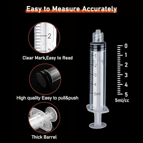 Pack of 5 5ml Ink Filling Syringes, Luer Lock Design, Plastic Syringes | With caps 1.5 inches, 14Ga, 16Ga, 18Ga, 20Ga, 22Ga, blunt tip for liquids, glue, ink 5 ml lure 5.0