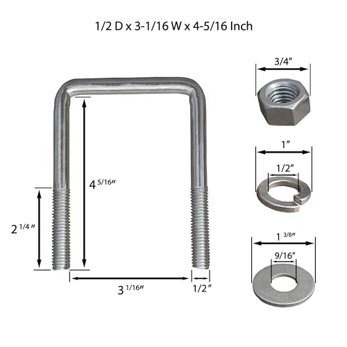 A.A Square U Bolt with Hardware for Boat Trailer, Galvanized Steel, 1/2" Diameter x 3-1/16" x 4-5/16" for 3x3 Beam (4 Pack) 1/2 D x 3-1/16 W x 4-5/16 Inch