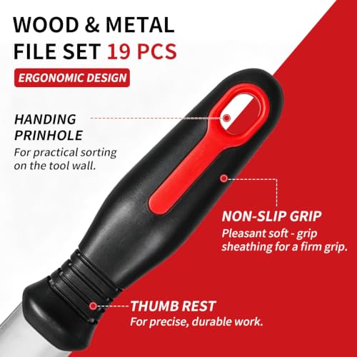 19 PCS Metal File Set, T12 Metal Files for Steel,Flat/Round/Triangle/Half-Round Hand Set with Needle File & Steel Brush for Metals, Metalworking & Woodworking Red black 19