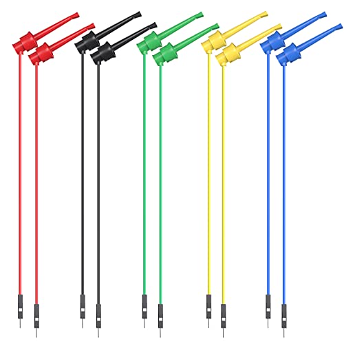 Test Hook Clips to Breadboard Male Jumper Wires (Pack of 10) | Soft flexible silicone, test leads for electrical testing