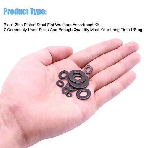 DYWISHKEY 820Pieces 7 Sizes Black Zinc Plated Steel Flat Washers Assortment Kit (M3 M4 M5 M6 M8 M10 M12)