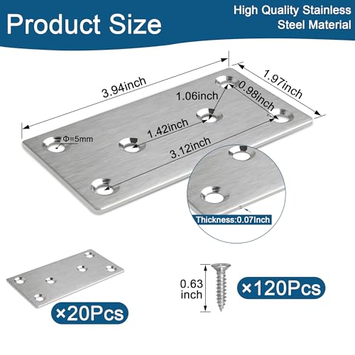 20 Pack Flat Straight Brace Bracket, 4 x 2 inch Silver Steel Stainless Mending Plate with Screws, Flat Metal Brackets for Wood Furniture Shelves Repair