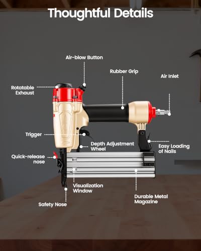 meite FK5040 Pneumatic Brad Nailer Kit Includes 1,000 Pcs 18 Gauge Brad Nails 1-1/4-Inch, Compatible with 5/8" to 2" Brad Nails, Ideal for Trim Work, Furniture Building & Finish Applications