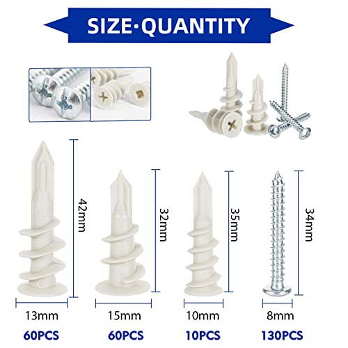 Drywall Anchors Self Drilling Hollow Wall Anchors with Screws, White Set 260 PCS, Black 260 PCS