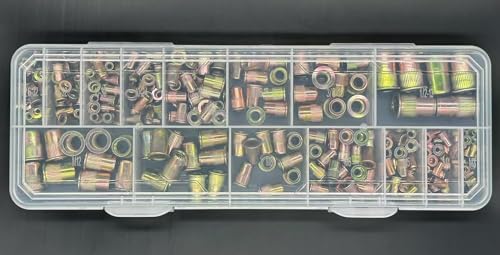 Metric and SAE Rivet nut Combination Kits of 15 Size (256 Pieces) m3 m4 m5 m6 m8 m10 m12#6-32#8-32#10-32#10-24# 1/4"-20 5/16"-18 3/8"-16 1/2"-13UNC Flat Head Galvanized nut kit 256PCS RIVET NUTS KIT