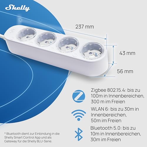 Shelly Power Strip 4 Gen4 White - Matte & WLAN Multiple Socket, 4-Way Smart Power Strip, Power Measurement, 16 A Total, 3500 W, Timer Switch, Zigbee, Google, Alexa, Apple, No Hub Required