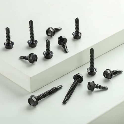 Black Self Tapping Screws Assortment Kit 449PCS, Stainless Steel 410 Self Drilling Screws for Metal, #8#10 1/2" 5/8" 3/4" 1" 1-1/4" 1-1/2", Hex Washer Head Sheet Metal Screw #8/#10 Assorted Black 449
