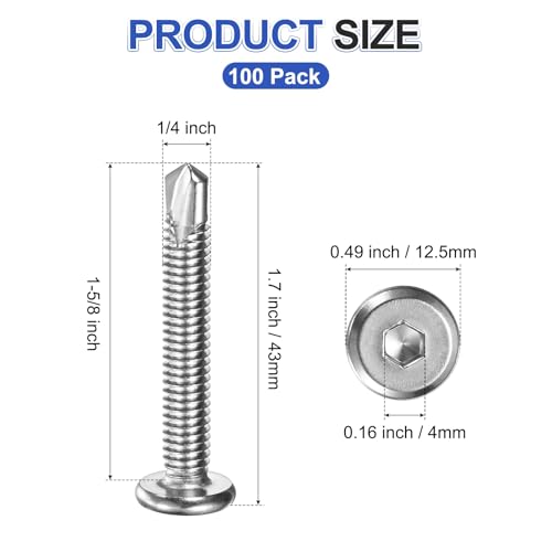 M METERXITY 100 Pack Hex Socket Self Tapping Screws, 1/4 x 1-5/8 Inch Flat Head Socket Cap Bolts 410 Stainless Steel Metal Sheet Drilling Screw for Home Repair Wood [Silver Tone] 1/4" x 1-5/8" Silver Tone