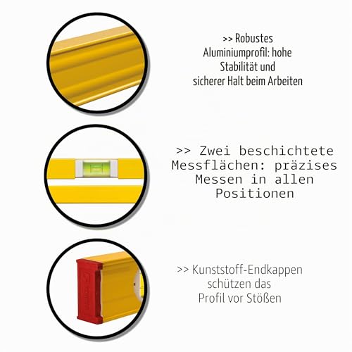 STABILA Type 80 AS-2 Spirit Level, 120 cm, Reinforced Aluminum Profile, 1 Horizontal Level, 2 Vertical Vials, Integrated Slip Stoppers, Made in Germany, Yellow 48"