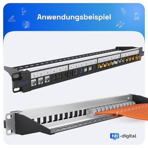 hb-digital 24 Port Patch Panel Distribution Panel Patch Panel Modular for RJ45 Keystone Module 19 Inch CAT 5 CAT 6 CAT 7 for Network Cabinet LAN Professional TIA568A TIA568B Switch Earth Cable - Black