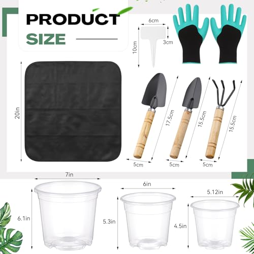 83 Pcs Garden Supplies Tools Kit, 5/6/7 Inch Clear Plastic Plant Pots with Transplanting Mat, Trowel Cultivator Rake Set, Label & Glove, Succulent Tools Gift for Plant Lovers Accessory