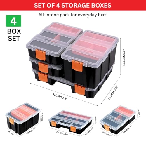 Andalus Tools Organizer Box, Small Parts Storage Multi-Compartment Portable Hardware Organizer Removable Plastic Dividers for Screws, Nuts, Bolts, Nails – Orange (4 Set, 12.2" x 9.1" x 7") 4 Pcs Set (12.2 x 9.1 x 7 Inches)