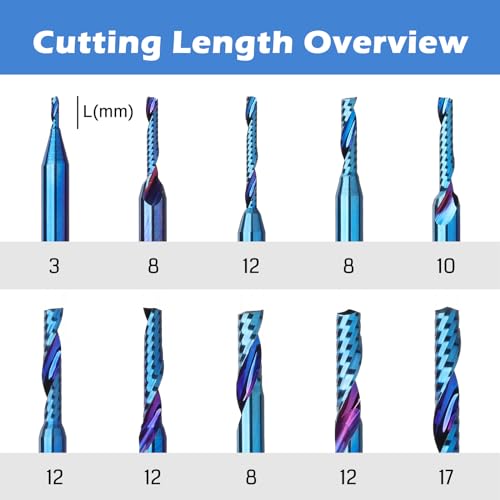 Genmitsu 1/8 Inch Shank 10pcs Carbide Spiral O Flute (Single Flute) End Mill CNC Router Bits, 91.5 Higher HRA Nano Blue Coat, Perfect for Metal Carving Aluminum Copper Wood Acrylic PVC PCB, OS10B 1/8" Shank O-Flute for Metal Carving 10pcs