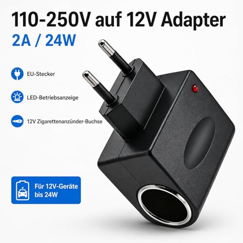 Powice Adapter 12 V to 230 V, 230 V to 12 V Cigarette Lighter Socket 24 W 2 A - AC/DC Voltage Converter EU Plug, 220 V to 12 V Converter for Car Devices, Compressor, Cool Box