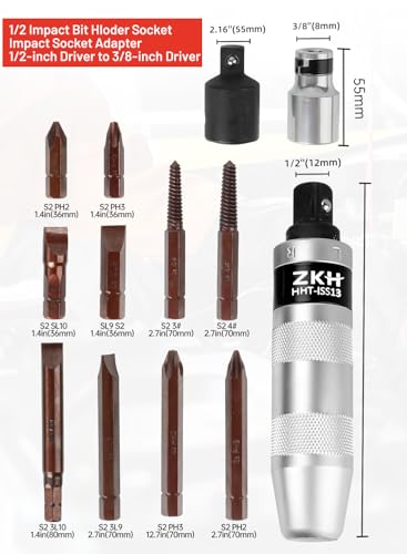 ZKH 3/8" Hand Impact Screwdriver, 1/2" Manual Reversible Impact Driver Includes 10-Piece S2 Steel Slotted, Phillips, Screw Extractor Bit Set for Removing Damaged, Frozen, Rusted Screws and Fasteners 3/8 & 1/2 Inch Driver