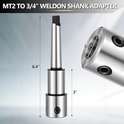 Annular Cutter Arbor Adapter, Morse Taper MT2 to 3/4" Weldon Shank for Drill Press & Milling Machine, Chrome Steel, High Precision CNC Machined, with Set Screws & Pilot Pin