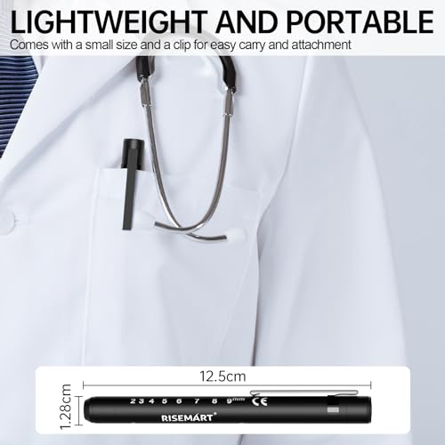 RISEMART Pupil Light Diagnostic Light with Pupil Meter and Ruler, Warm/Cool White, Rechargeable USB LED Pen Lamp for Nurses, Students, Doctors (Black) black