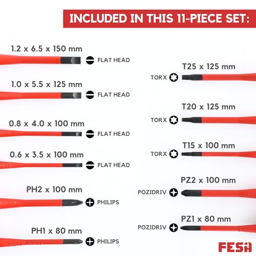 FESA Electrician Insulated Screwdriver Set - 1000V 11-Piece Professional Electrician Screwdriver Set with Magnetic S2 Steel Tips - Pozidriv, Phillips, Flathead or Slotted & Torx - Insulated Tools