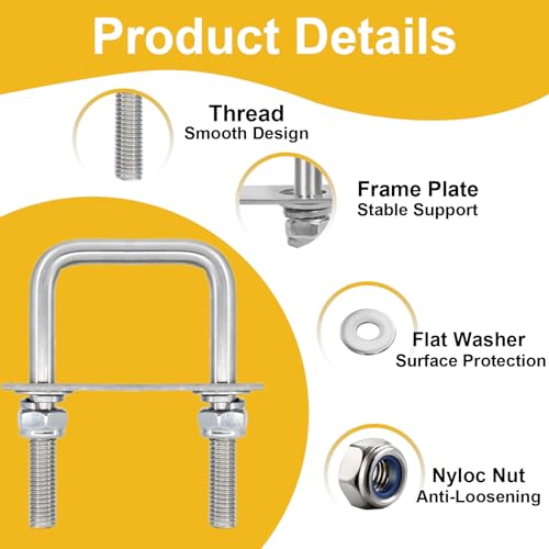 4 Sets Square U Bolts 4-1/16 inch Wide, Sunxer Tool Stainless Steel U Clamp with Nyloc Nuts Washers and Plates for Pipe Beam Trailer (M10 x 102mm x 200mm) M10 x 102mm x 200mm