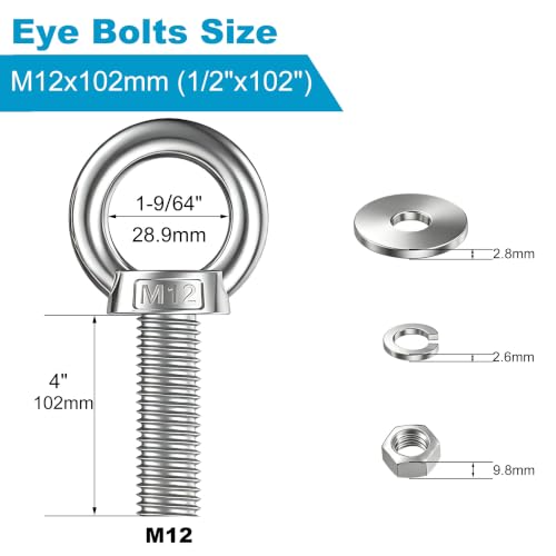 4 Pack M12 Stainless Steel Eye Bolts with Nuts and Washers, 1/2" x 4" Long Lifting Ring Eye Bolt, Heavy Duty Marine Grade 304 Eyebolts for Outdoor String Light Hanging, Tie Down Anchors M12x102mm (1/2"x4")