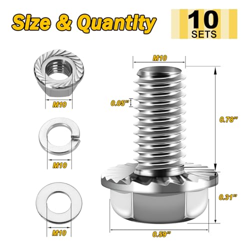 Mywish M10 x 20mm 20Pcs Flat Head Hex Socket Cap Screws Bolts & M10 x 20mm (10 Sets) M10x1.5 Bolt Flanged Hex Head Nuts and Bolts, 304 Stainless Steel Furniture Bolts Full Thread & Hex Spanner