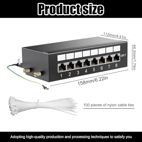 CAT 7 Patch Panel Distribution Panel, 8 Port Patch Panel Distribution Panel, Gold-Plated Patch Panel, Includes Cable Ties, 8-Port Patch Panel with RJ45 Sockets for Network for Wall Mounting and Home