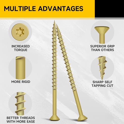 Mywish (15Sets) 1/4" x 3-1/2" Hex Head Lag Bolts & 56Pcs Wood Screws #10 x 3-1/2" 1lb Box, Decorative Screws 3-1/2 Inch, T25 Torx Drive Head, Outdoor Construction Screws, Lag Screws Wood Screws